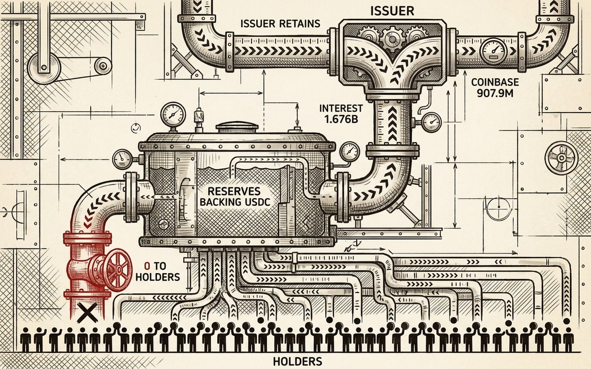 A plumbing-style money-flow schematic: a row of holders at the bottom pushes pooled dollars up into a reserves tank backing USDC, interest of 1.676B rises to an issuer manifold that forks into ISSUER RETAINS and COINBASE 907.9M, while a return pipe back to holders is sealed shut by a single red gate-valve marked 0 TO HOLDERS