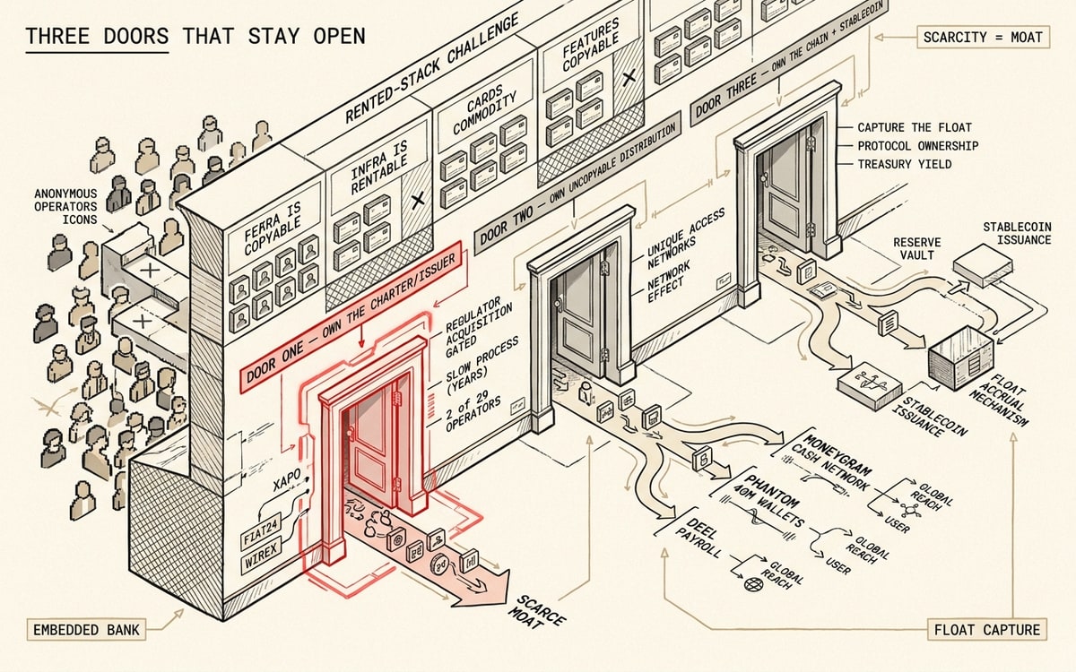 A schematic worksheet on cream paper titled "three doors that stay open": a long forkable rented-stack wall with most operator icons stuck against it, cut by three labeled doorways — own the charter or issuer, own uncopyable distribution, own the chain and stablecoin — a few icons passing through while skins pile at the wall, with door one framed in red as the scarcest moat