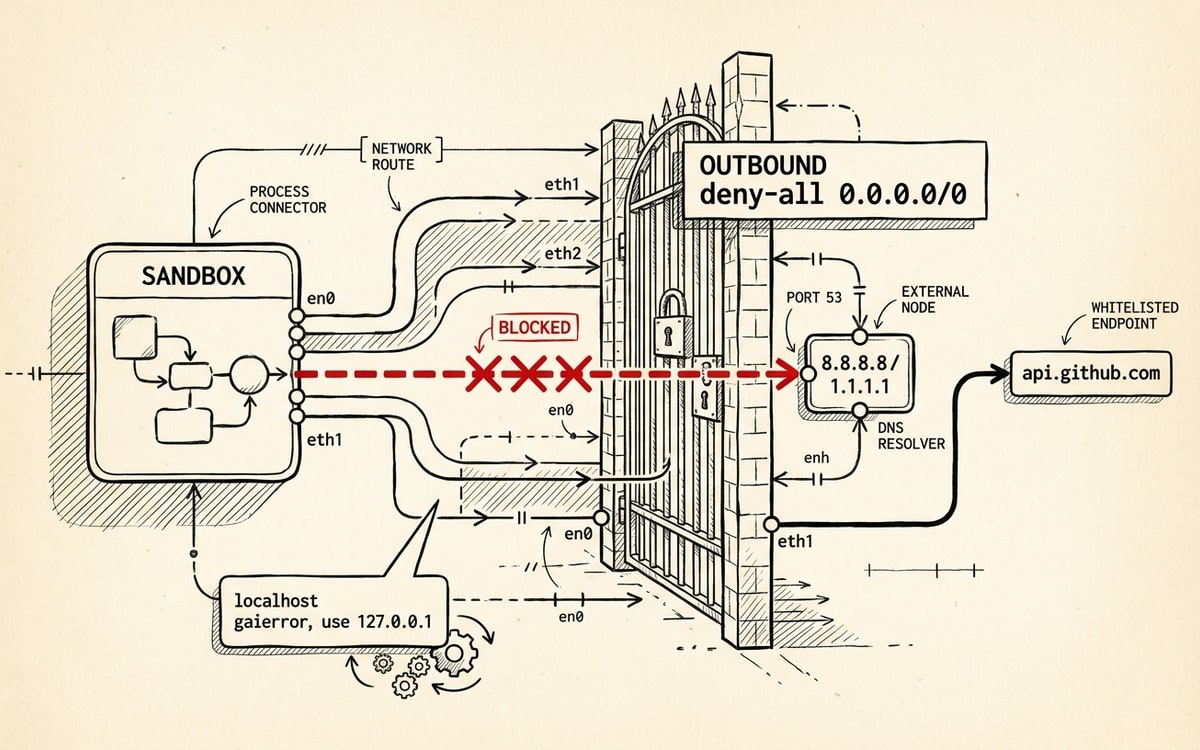 A network-egress schematic: a sandbox box on the left with an OUTBOUND firewall gate in the center showing a deny-all rule, a DNS resolver node (8.8.8.8 / 1.1.1.1) sitting outside the gate, a blocked dashed line from the box to the resolver marked in red, and an allowed solid line to a permitted domain once the resolver IPs are whitelisted; small callouts label localhost gaierror, use 127.0.0.1.