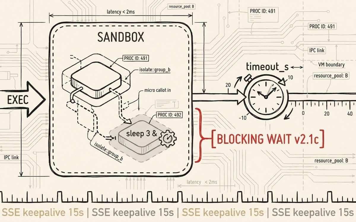 A horizontal exec-lifecycle diagram: a labeled EXEC call enters a sandbox box, a process-tree fork shows a parent process and a backgrounded child connected by a dashed line, a clock icon labeled timeout_s gates the return path, and a single red callout marks the blocking wait on the child; SSE keepalive ticks run along the bottom edge.