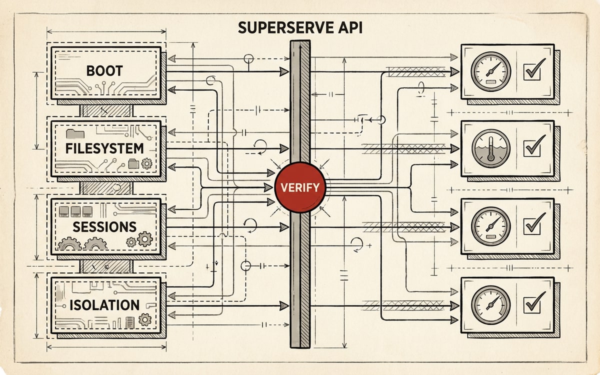 A field-report methodology schematic: a central vertical spine labeled SUPERSERVE API splits into a left column of four boxed vendor claims (BOOT, FILESYSTEM, SESSIONS, ISOLATION) and a right column of measured results, with connector lines crossing the gap, tick marks for 24 numbered test phases down the spine, and a single red verifier node gating the columns.