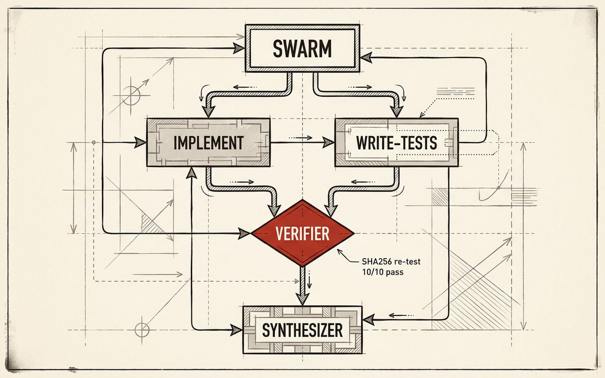 A multi-agent swarm DAG diagram: a root node at top labeled SWARM connects down to two parallel WORKER nodes (IMPLEMENT and WRITE-TESTS), both feeding a single VERIFIER gate node that only opens when both arrive, which then feeds a SYNTHESIZER node at the bottom; the verifier gate is the one red element, with a small SHA256 re-test callout beside it.