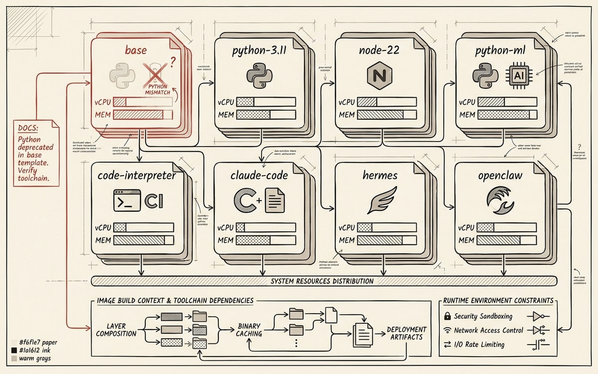 A template-inventory matrix: a grid of eight labeled template cards (base, python-3.11, node-22, python-ml, code-interpreter, claude-code, hermes, openclaw) each showing a small stack of vCPU and memory bars plus installed-toolchain icons; the base card is marked in red with an empty toolchain slot and a struck-through Python label to flag the docs mismatch.