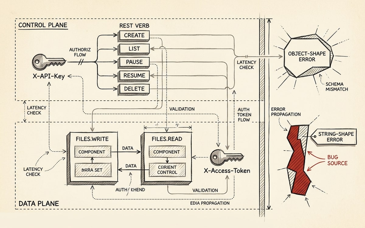A two-plane architecture diagram: an upper horizontal band labeled CONTROL PLANE showing boxed REST verbs (create, list, pause, resume, delete) authenticated by an X-API-Key token, and a lower band labeled DATA PLANE showing files.write and files.read routed through a separate X-Access-Token; a vertical divider separates the two error shapes (object form above, string form below), with the string-form error box marked in red as the bug source.