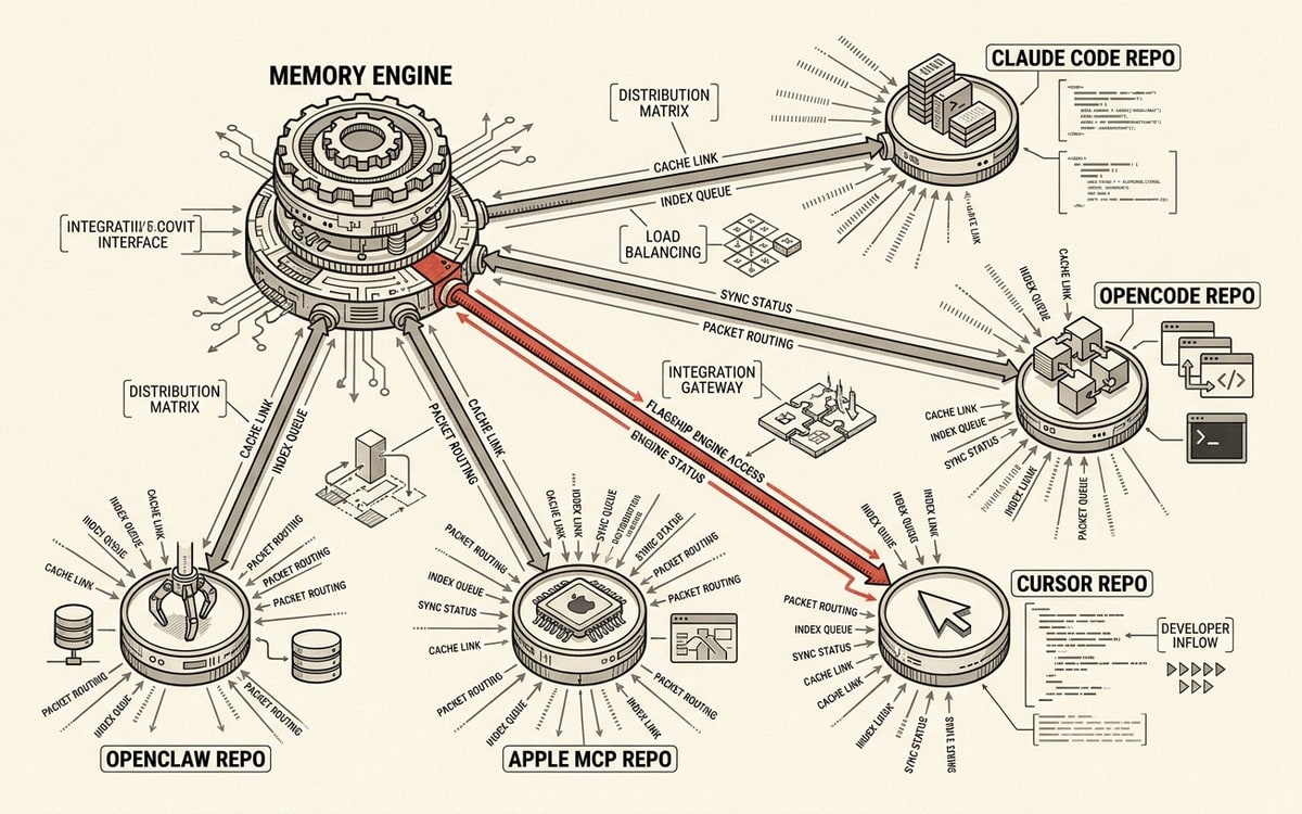 Hub-and-spoke map of the Supermemory distribution machine: a central memory-engine node ringed by labeled satellite repos for Claude Code, OpenCode, Cursor, OpenClaw, and Apple MCP, thin connector lines routing developers inward, one red spoke marking the flagship engine.