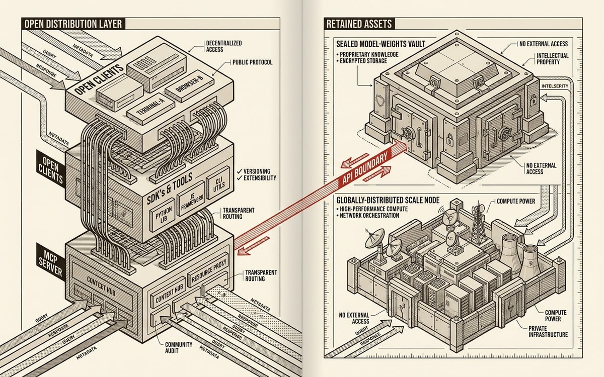 Diagram contrasting the open distribution layer against the two retained assets: a labeled stack of open clients, SDKs, and MCP server on the left, a sealed model-weights vault and a globally-distributed scale node on the right, one red connector marking the API boundary they share.