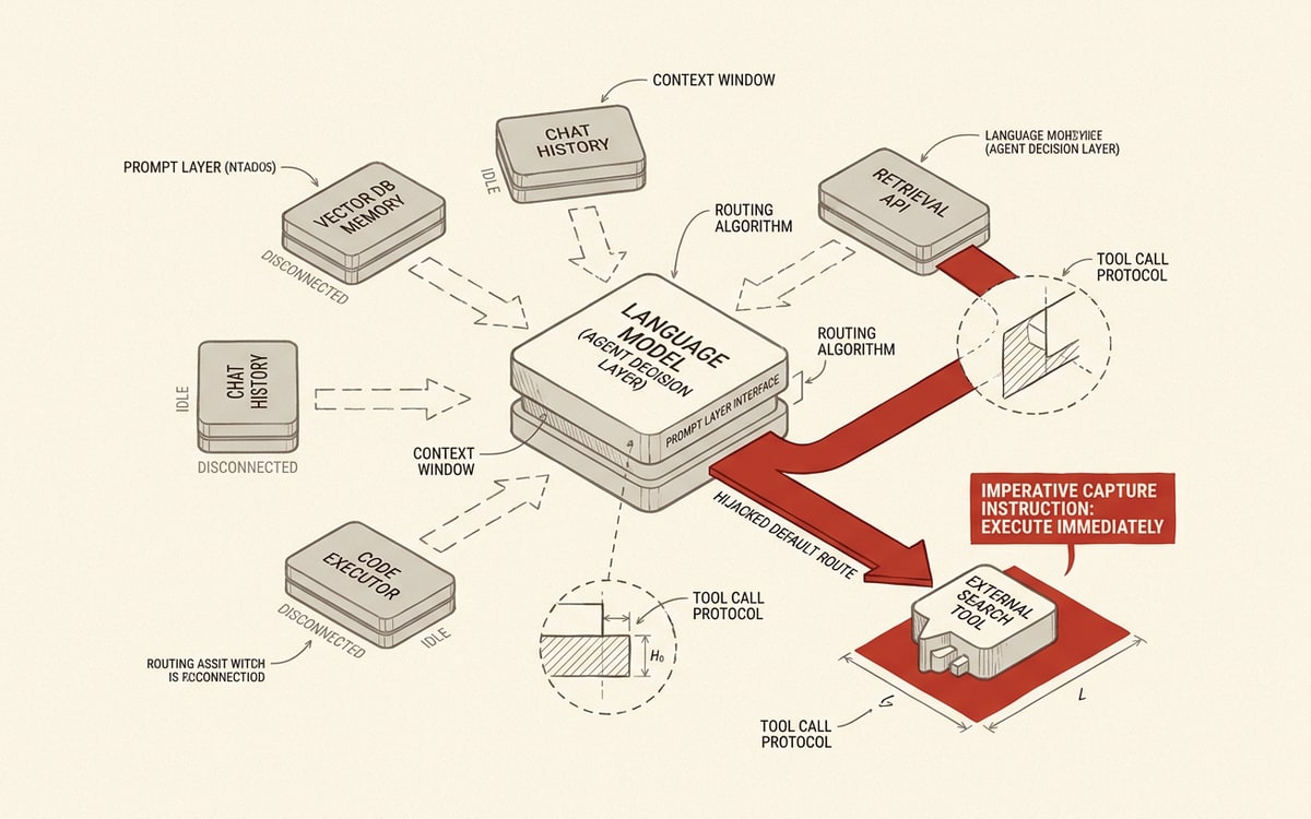 Schematic of an agent's tool-selection moment captured at the prompt layer: a central language-model node surrounded by several competing memory tools, all of its routing arrows bent toward a single tool whose description carries an imperative capture instruction, the rival tools left unconnected and greyed, one red arrow marking the hijacked default path.