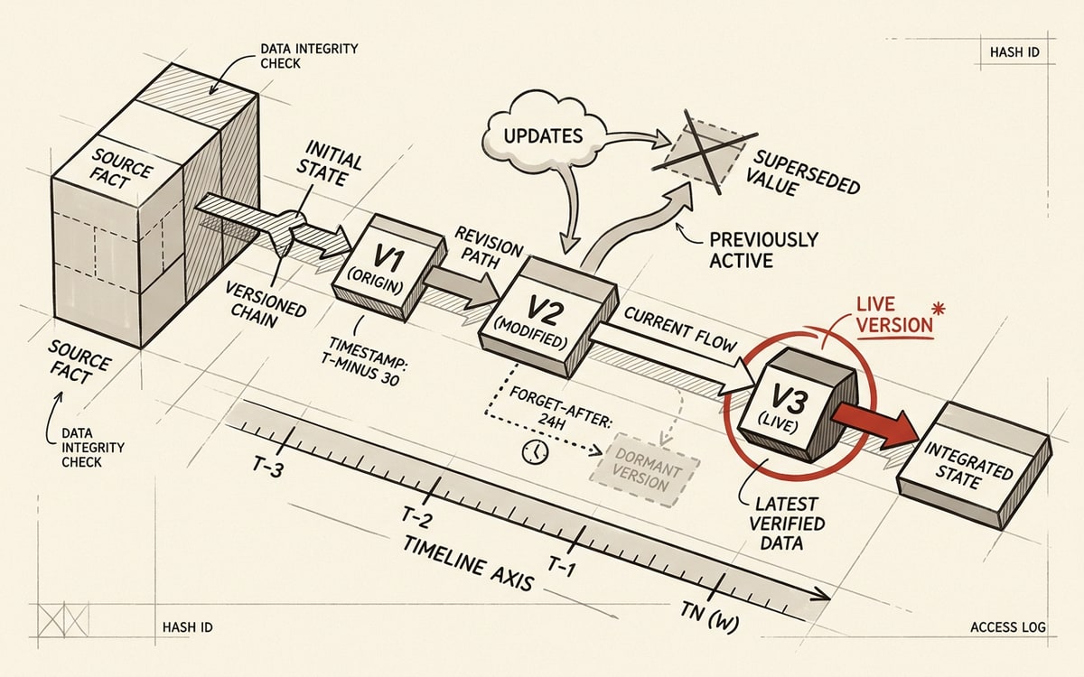 Schematic of a versioned fact chain: a single fact node branching through three sequential versions linked by labeled edges, an updates arrow superseding an older value, a forget-after tag on an expiring node, one red marker on the latest live version.