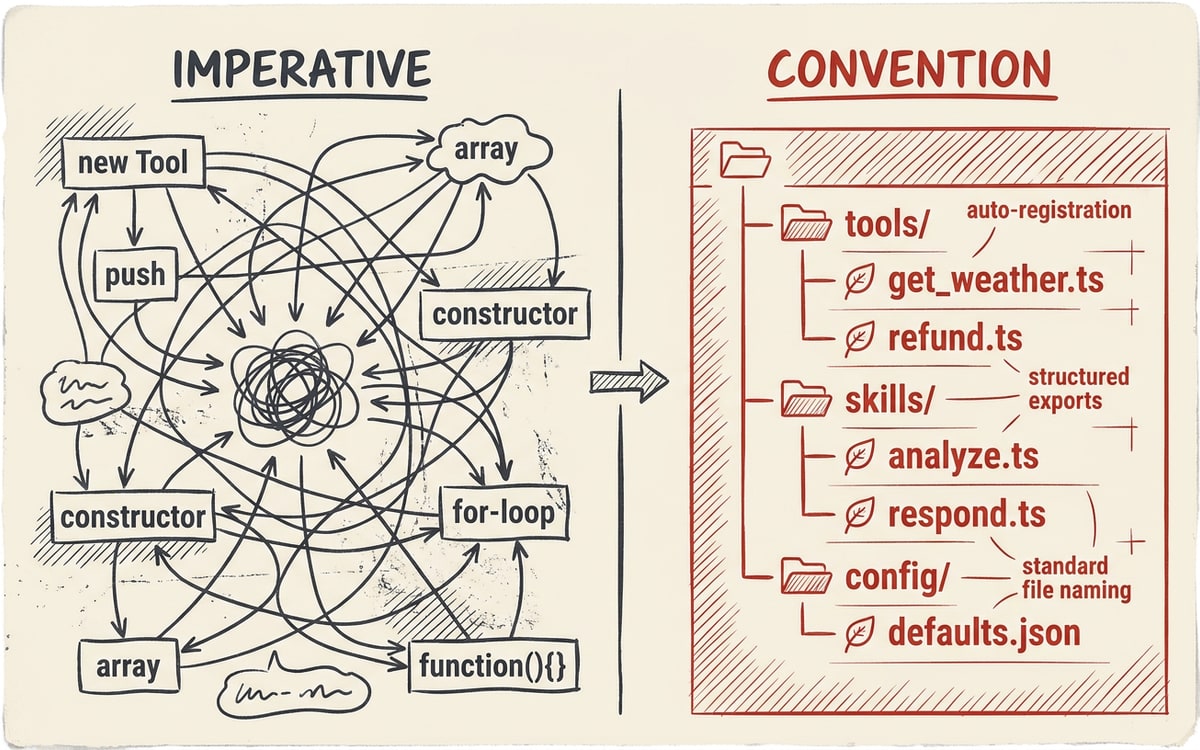 Side-by-side: imperative tool registration as tangled wiring on the left, a clean labeled file tree on the right, the right side accented in red