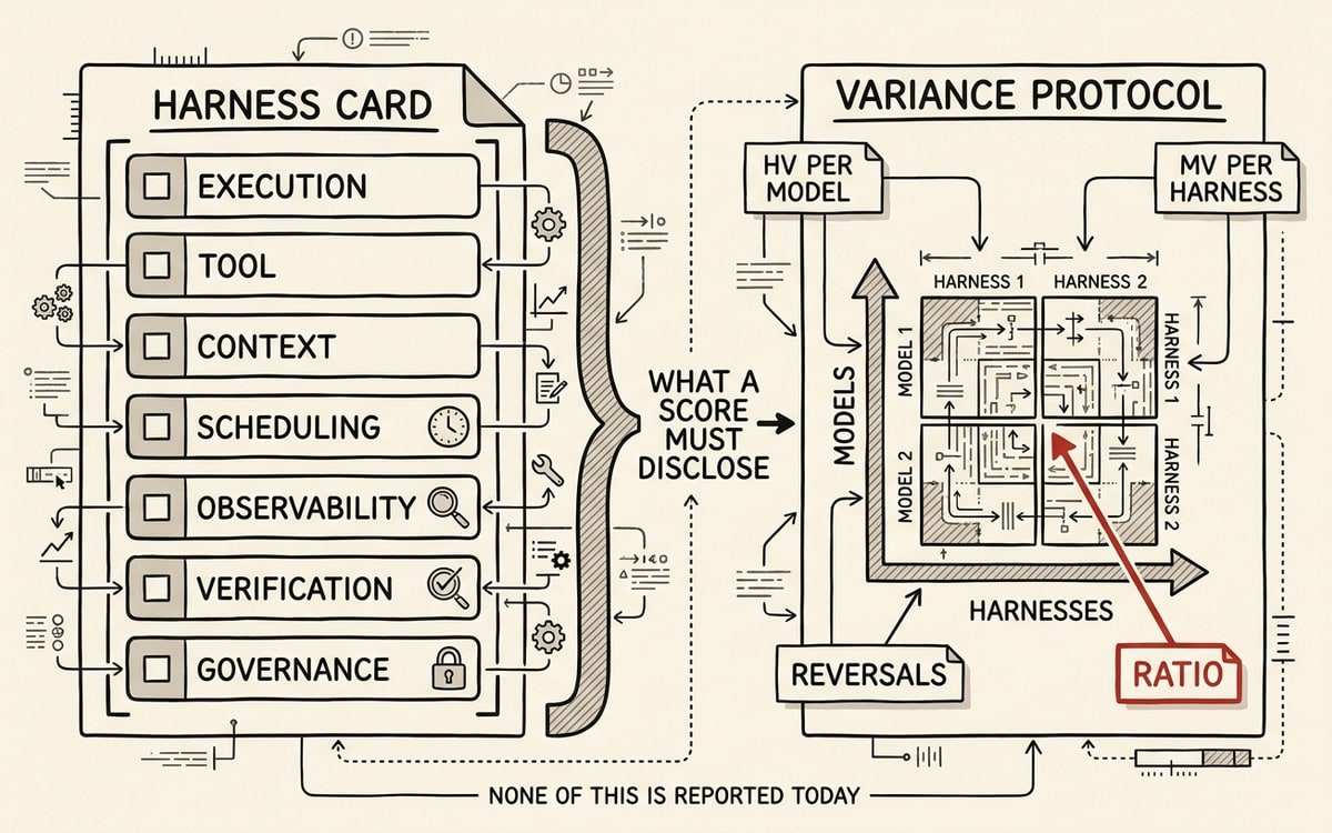 A labeled vertical checklist card on cream paper, black ink line-art with one red accent. A document outline titled HARNESS CARD with seven labeled rows stacked inside, each with a small checkbox glyph: EXECUTION, TOOL, CONTEXT, SCHEDULING, OBSERVABILITY, VERIFICATION, GOVERNANCE. To the right, a small separate panel titled VARIANCE PROTOCOL shows a 2x2 grid (two models by two harnesses) with four annotation tags: HV PER MODEL, MV PER HARNESS, RATIO, REVERSALS — the RATIO tag drawn in red. A bracket joining both panels reads WHAT A SCORE MUST DISCLOSE. Small caption: NONE OF THIS IS REPORTED TODAY.