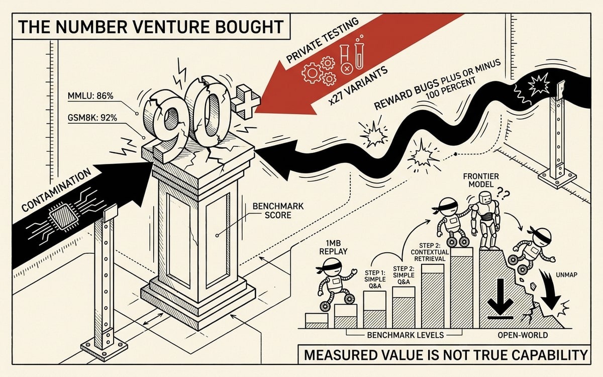 A labeled editorial schematic on cream paper, black ink line-art with one red accent. Center: a tall pedestal labeled BENCHMARK SCORE with a large numeral on it. Three labeled forces push the numeral up and down to show it is unstable. From the left, an arrow labeled CONTAMINATION (a memory-chip glyph) pushes up. From the top, an arrow labeled PRIVATE TESTING x27 VARIANTS pushes up, drawn in red. From the right, an arrow labeled REWARD BUGS plus-or-minus 100 PERCENT wobbles the pedestal. Below the pedestal a small blind robot labeled 1MB REPLAY climbs a staircase of benchmark bars, beating a larger FRONTIER MODEL figure on two steps then falling off the third step labeled OPEN-WORLD. A banner across the top reads THE NUMBER VENTURE BOUGHT. A caption at the bottom reads MEASURED VALUE NE TRUE CAPABILITY.