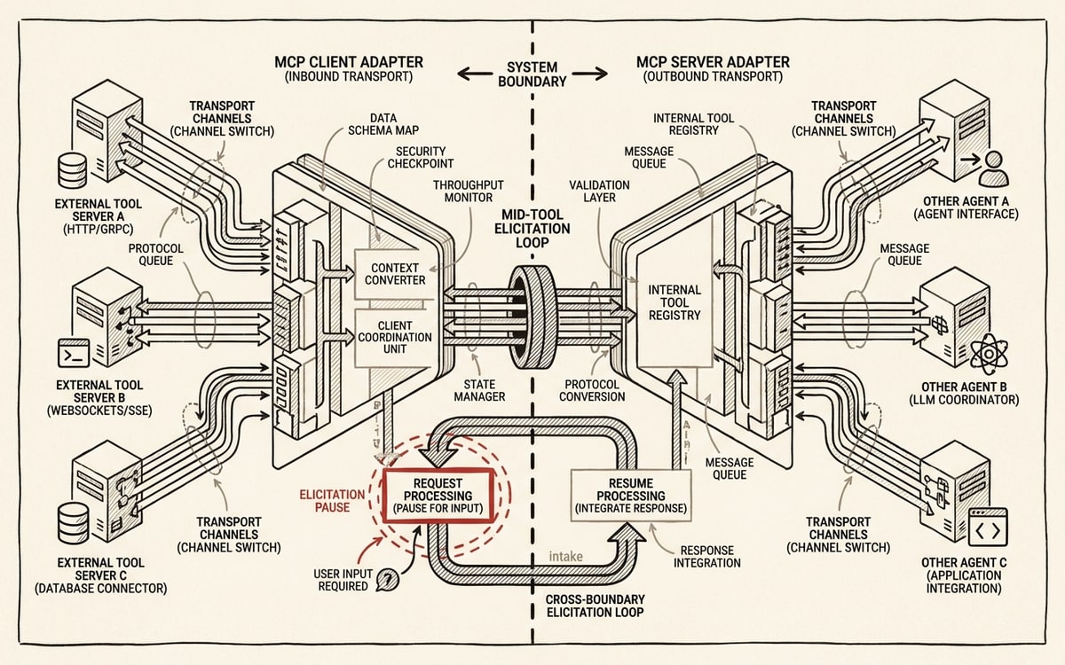 Mirrored architectural schematic of one system acting as both MCP client and MCP server at once: on the left it consumes external tool servers through a client adapter with multiple transport channels, on the right it publishes its own tools out to other agents through a server adapter, and a mid-tool elicitation loop pauses to request more input before resuming across the boundary — one red marker on the elicitation pause.