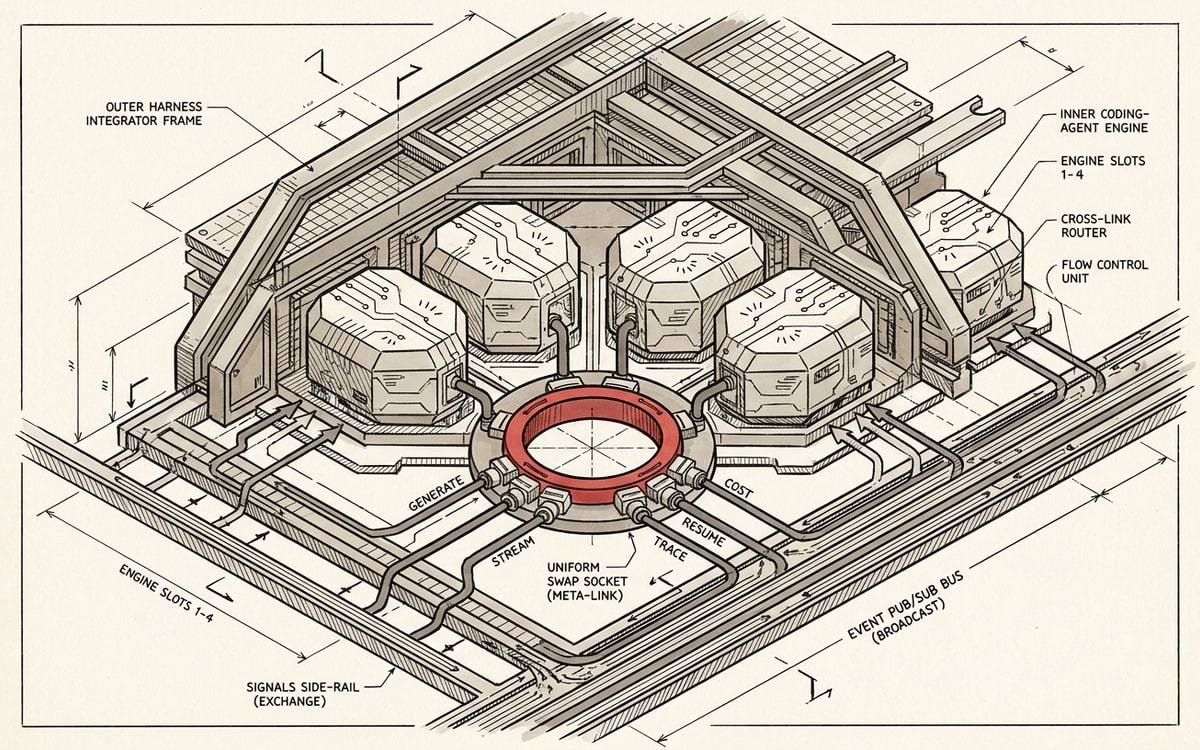 Architectural schematic of a harness that runs other harnesses: a central outer harness shell wrapping several interchangeable inner coding-agent engines slotted into a common socket, each swappable through the same uniform interface ring exposing generate, stream, resume, trace, and cost ports, with a signals side-rail and an event pub/sub bus threading along the bottom to feed every slot — one red marker on the uniform swap socket.