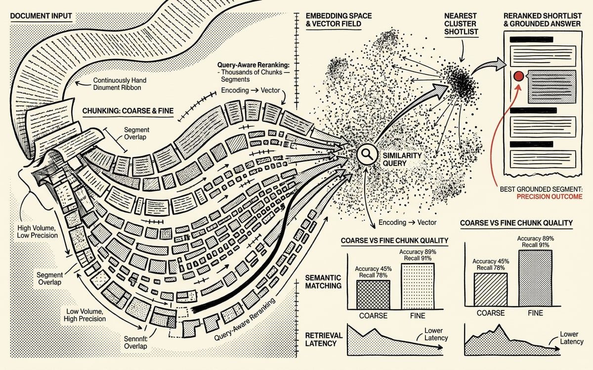 Editorial data illustration of a retrieval pipeline where chunking decides the outcome: a long document ribbon sliced into overlapping segments of varying granularity, each embedded into a vector field of scattered points, a similarity query pulling the nearest cluster into a reranked shortlist that feeds a grounded answer panel, with bars comparing coarse versus fine chunk quality and one red marker on the best-grounded chunk.