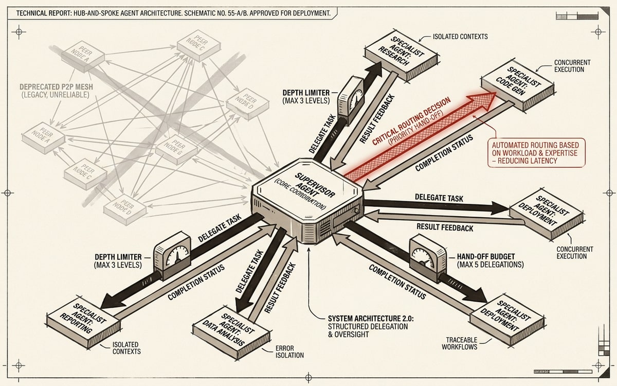 Hub-and-spoke delegation schematic: a central supervisor agent node ringed by labeled specialist sub-agent boxes, directed delegation arrows routing tasks outward and results back inward, with depth-limiter and hand-off-budget guard controls gating the spokes, and a faint greyed-out older peer-to-peer mesh sitting behind it as the deprecated design it replaces — one red spoke marks the supervisor's routing decision.