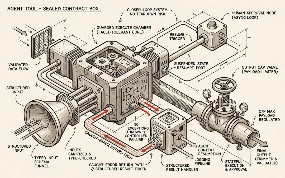 Schematic of an agent tool drawn as a sealed contract box: a typed input-schema funnel on the left feeds a guarded execute chamber whose error path is caught and routed back as a structured result token instead of tearing down the agent turn, an output-cap valve clamps oversized payloads, and a suspended-state branch loops out to a human approval node and resumes — with one red marker on the caught-error return path.