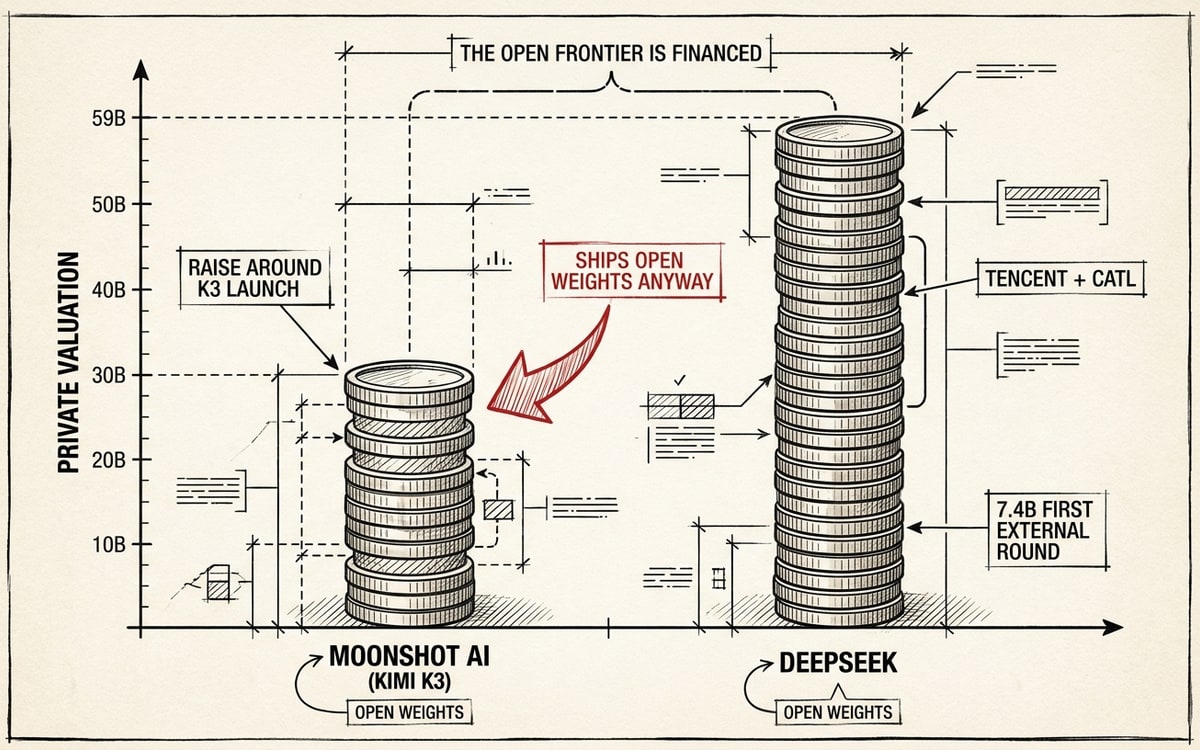 A labeled valuation-comparison schematic on cream paper, black ink line-art with one red accent. Two stacked-coin columns of differing heights on a shared baseline: Moonshot AI (Kimi K3) at roughly thirty billion and DeepSeek at fifty-two to fifty-nine billion, each tagged OPEN WEIGHTS. A dashed bracket across the two column tops reads THE OPEN FRONTIER IS FINANCED, and a red arrow points at the Moonshot column annotated SHIPS OPEN WEIGHTS ANYWAY. The vertical axis reads PRIVATE VALUATION.