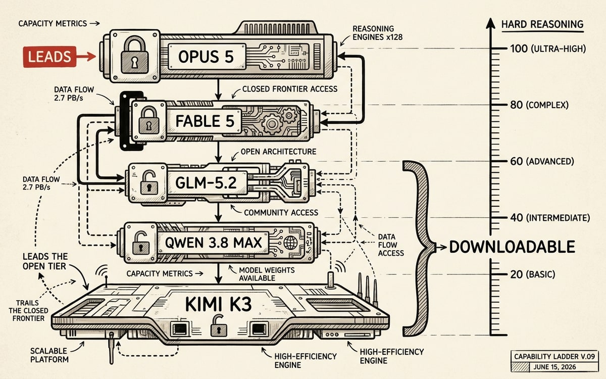A labeled capability-ladder schematic on cream paper, black ink line-art with one red accent. Five model rungs ranked by standing on hard reasoning, each a labeled bar with an open or closed padlock glyph. Opus 5 sits at the top marked CLOSED with a red LEADS tag; below it Fable 5 (closed), then GLM-5.2, Qwen 3.8 Max, and a widened Kimi K3 rung marked OPEN and annotated LEADS THE OPEN TIER, TRAILS THE CLOSED FRONTIER. A bracket spanning the three open rungs reads DOWNLOADABLE; the right axis reads HARD REASONING.