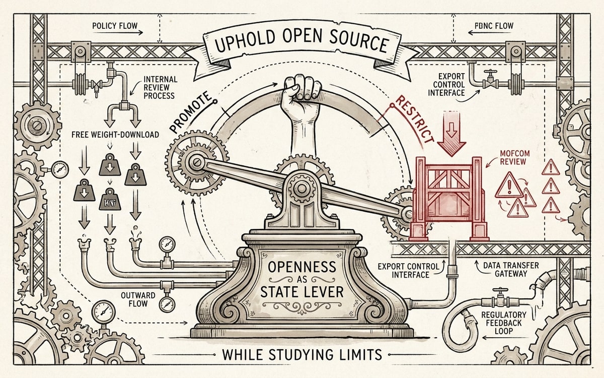 A labeled control-lever schematic on cream paper, black ink line-art with one red accent. A large lever mounted on a state-seal pedestal labeled OPENNESS AS STATE LEVER, its arm swinging between two stops: a PROMOTE stop showing free weight-download icons flowing outward, and a RESTRICT stop where a red gate lowers on a foreign-download arrow annotated MOFCOM REVIEW. A banner above reads UPHOLD OPEN SOURCE; fine print below reads WHILE STUDYING LIMITS.