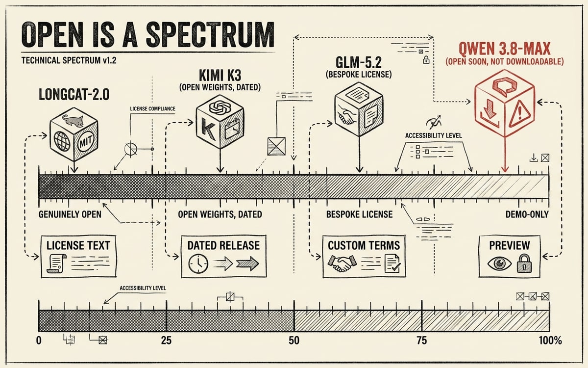 A labeled openness-spectrum schematic on cream paper, black ink line-art with one red accent. A gradient bar axis titled OPEN IS A SPECTRUM runs from GENUINELY OPEN on the left to DEMO-ONLY on the right, with four model tokens placed along it: LongCat-2.0 (MIT) at the far left, Kimi K3 (open weights, dated) left-center, GLM-5.2 (bespoke license) center, and Qwen 3.8-Max (open soon, not downloadable) at the far right drawn in red with a warning glyph. A ruler with tick marks runs beneath the axis and callouts read LICENSE TEXT, DATED RELEASE, CUSTOM TERMS, PREVIEW.