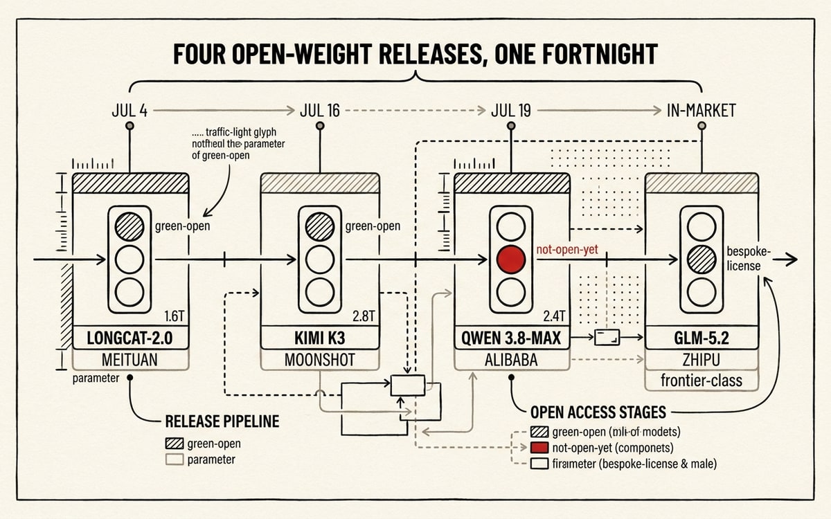 A labeled fortnight-timeline schematic on cream paper, black ink line-art with one red accent. A single horizontal axis with four dated release nodes, each tagged with maker and a traffic-light openness glyph: ~Jul 4 LongCat-2.0 (Meituan, green), Jul 16 Kimi K3 (Moonshot, green), Jul 19 Qwen 3.8-Max (Alibaba, amber, drawn in red as not-open-yet), and in-market GLM-5.2 (Zhipu, amber bespoke license). Each node is annotated with a parameter size, and a bracket over all four reads FOUR OPEN-WEIGHT RELEASES, ONE FORTNIGHT.