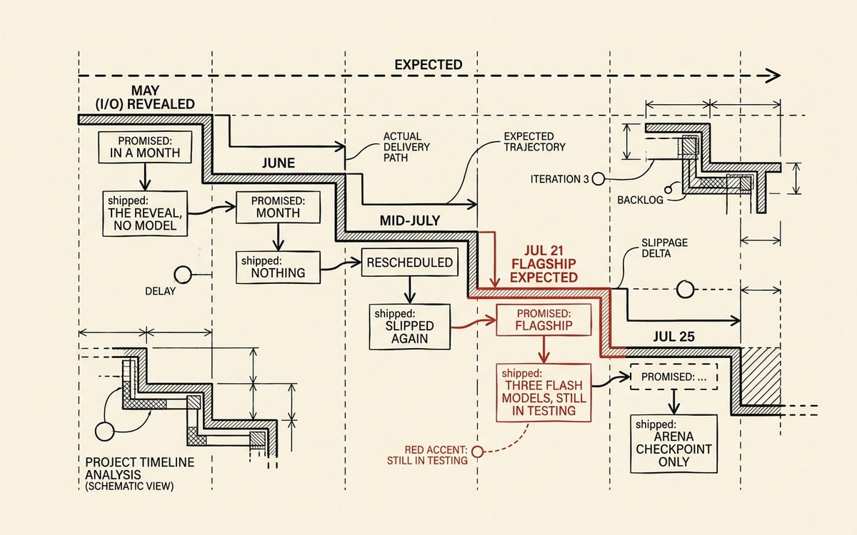 A labeled slip-timeline schematic on cream paper, black ink line-art with one red accent. A descending staircase of five dated steps tracking the promised Gemini 3.5 Pro flagship, each tread showing signaled versus shipped: May (I/O) revealed → the reveal, no model; June promised month → nothing; mid-July rescheduled → slipped again; Jul 21 flagship expected → three Flash models, still in testing (drawn in red); Jul 25 → Arena checkpoint only. A flat dashed line labeled EXPECTED runs above the falling actual line.