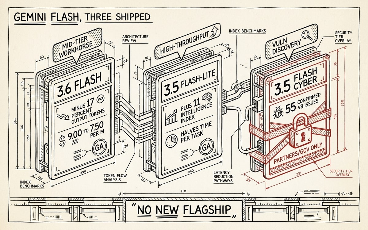 A labeled three-panel product schematic on cream paper, black ink line-art with one red accent. Three model cards under a header GEMINI FLASH, THREE SHIPPED: card one 3.6 Flash tagged MID-TIER WORKHORSE with specs minus 17 percent output tokens and 9.00 to 7.50 per M; card two 3.5 Flash-Lite tagged HIGH-THROUGHPUT with plus 11 Intelligence Index and halves time per task; card three 3.5 Flash Cyber tagged VULN DISCOVERY with 55 confirmed V8 issues, drawn in red and marked PARTNERS/GOV ONLY with a lock glyph. A footer strip reads NO NEW FLAGSHIP.