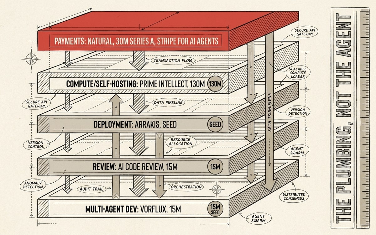 A labeled stacked-layer schematic on cream paper, black ink line-art with one red accent. An agent-economy stack of five horizontal layers, each tagged with a company and round size: Payments — Natural, 30M Series A, "Stripe for AI agents" (drawn in red as the keystone); Compute/self-hosting — Prime Intellect, 130M; Deployment — Arrakis, seed; Review — AI code review, 15M; Multi-agent dev — Vorflux, 15M seed. Vertical flow arrows connect the layers and a right spine reads THE PLUMBING, NOT THE AGENT.