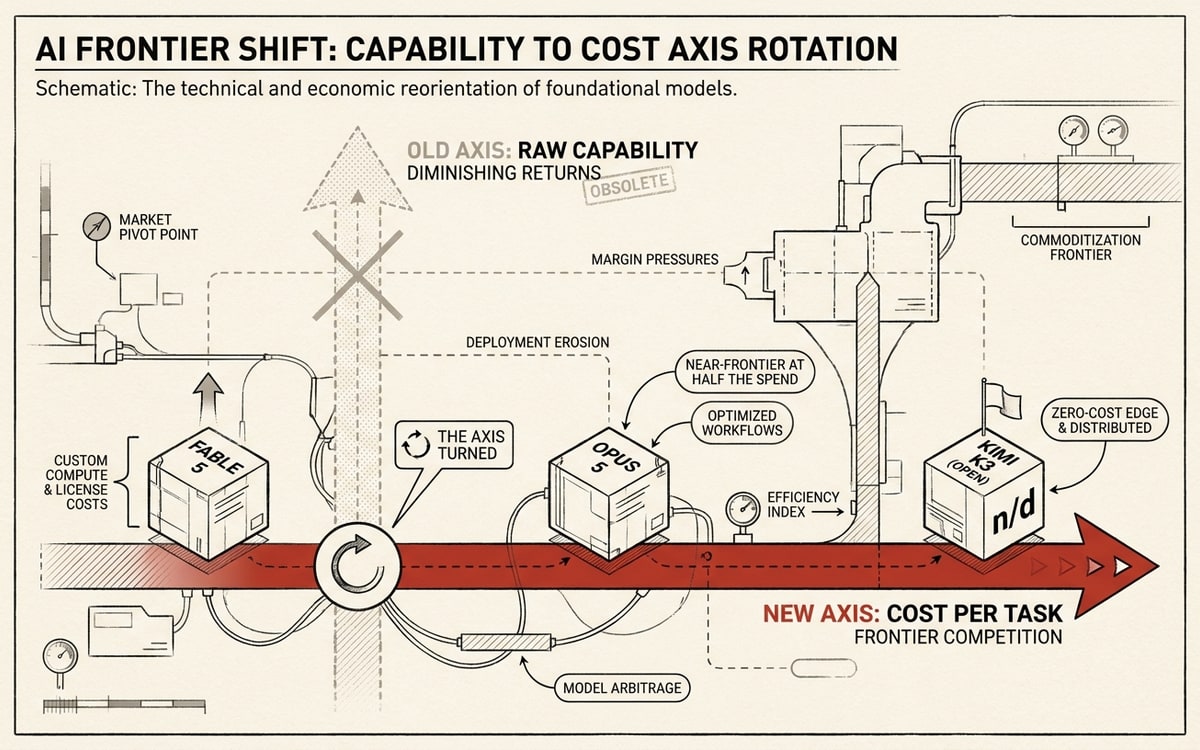 A labeled axis-rotation schematic on cream paper, black ink line-art with one red accent. Two perpendicular arrows share an origin: a faded, crossed-out vertical arrow labeled OLD AXIS — RAW CAPABILITY, and a bold horizontal arrow labeled NEW AXIS — COST PER TASK drawn in red, with model tokens placed along it: Fable 5 at the high-cost end, Opus 5 nearer the low-cost end annotated NEAR-FRONTIER AT HALF THE SPEND, and Kimi K3 (open) further along marked n/d. A rotation glyph at the origin reads THE AXIS TURNED.