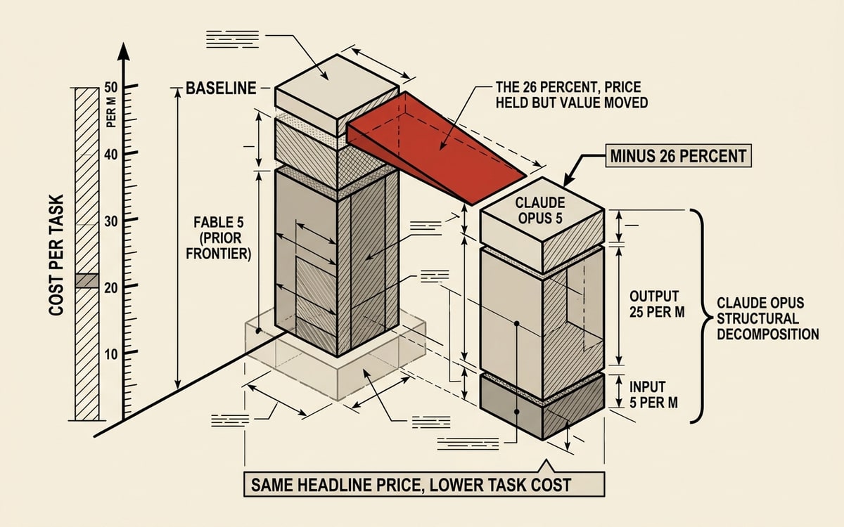 A labeled cost-decomposition schematic on cream paper, black ink line-art with one red accent. Two cost bars on a shared baseline compare cost per task: a full-height Fable 5 (prior frontier) bar labeled BASELINE, and a shorter Claude Opus 5 bar annotated MINUS 26 PERCENT, split into stacked segments INPUT 5 PER M and OUTPUT 25 PER M with a bracket. A red delta wedge between the two bar tops reads THE 26 PERCENT — PRICE HELD BUT VALUE MOVED. The left axis reads COST PER TASK.