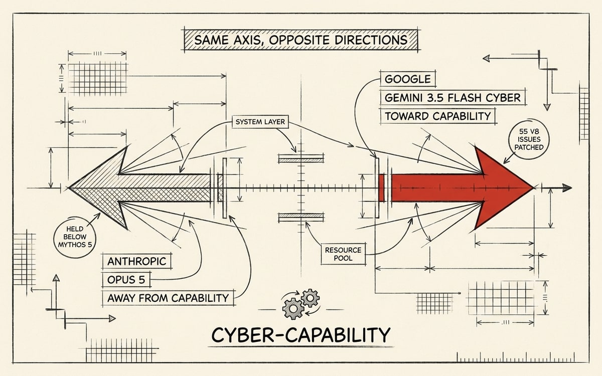 A labeled opposing-vector schematic on cream paper, black ink line-art with one red accent. A single horizontal cyber-capability axis with a center origin and a top banner reading SAME AXIS, OPPOSITE DIRECTIONS. A bold red arrow spans the right half pointing outward, labeled GOOGLE, GEMINI 3.5 FLASH CYBER, annotated TOWARD CAPABILITY and 55 V8 ISSUES PATCHED. A charcoal arrow spans the left half pointing outward, labeled ANTHROPIC, OPUS 5, annotated AWAY FROM CAPABILITY and HELD BELOW MYTHOS 5.