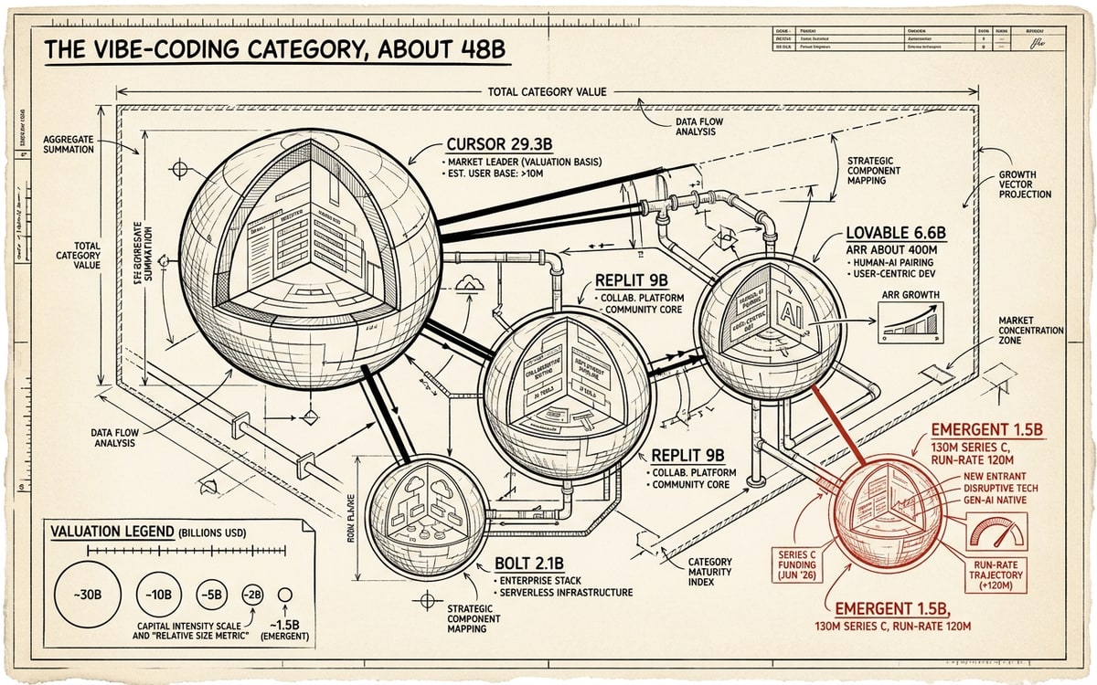A labeled bubble-map schematic on cream paper, black ink line-art with one red accent. Five circles sized by valuation float in a bounded field titled THE VIBE-CODING CATEGORY, ABOUT 48B: a large Cursor 29.3B, then Replit 9B, Lovable 6.6B (ARR about 400M), Bolt 2.1B, and a small Emergent 1.5B (130M Series C, run-rate 120M) drawn in red as the newest entrant. A dashed boundary encloses all five labeled TOTAL CATEGORY VALUE, with a size legend in the corner.