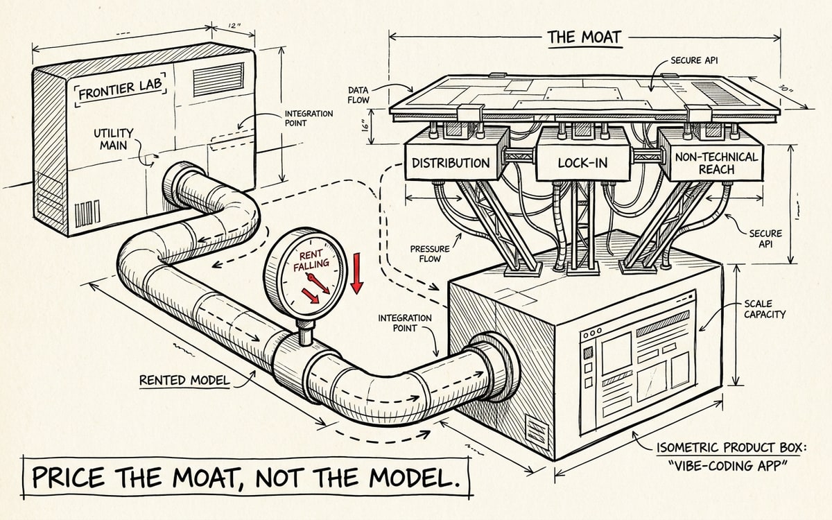 A labeled plumbing schematic on cream paper, black ink line-art with one red accent. A product box labeled VIBE-CODING APP sits atop a metered pipe labeled RENTED MODEL fed from a utility main labeled FRONTIER LAB, with a pressure gauge on the pipe reading RENT FALLING and a downward red needle. Above the box, an elevated block labeled THE MOAT lists DISTRIBUTION, LOCK-IN, NON-TECHNICAL REACH, tied to the box by structural beams. A caption reads PRICE THE MOAT, NOT THE MODEL.