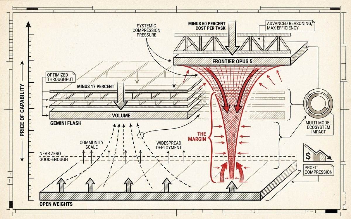 A labeled economic-pressure schematic on cream paper, black ink line-art with one red accent. A horizontal price-of-capability band is compressed from three directions: an OPEN WEIGHTS floor bar rising from below toward a dashed NEAR-ZERO line, a FRONTIER (OPUS 5) ceiling bar pressing down annotated minus fifty percent cost per task, and a VOLUME (GEMINI FLASH) middle bar pressing down annotated minus seventeen percent. The shrinking gap between them is labeled THE MARGIN in red, pinched by converging arrows. The vertical axis reads PRICE OF CAPABILITY.