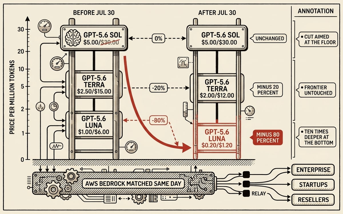 Schematic: price ladder before/after Jul 30 — Luna −80% to $0.20/$1.20, Terra −20%, Sol unchanged, AWS Bedrock matching same day.
