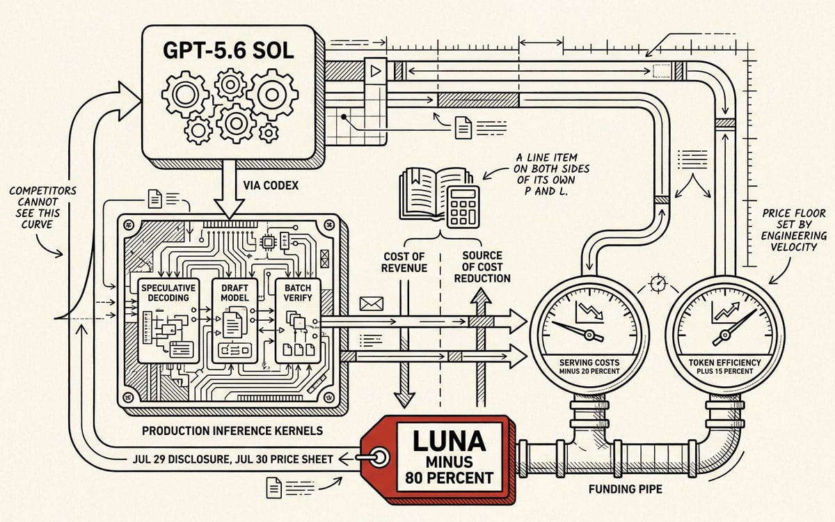 Schematic: the recursive loop — Sol rewrites OpenAI's inference kernels via Codex, serving costs −20%, funding the −80% Luna price cut.