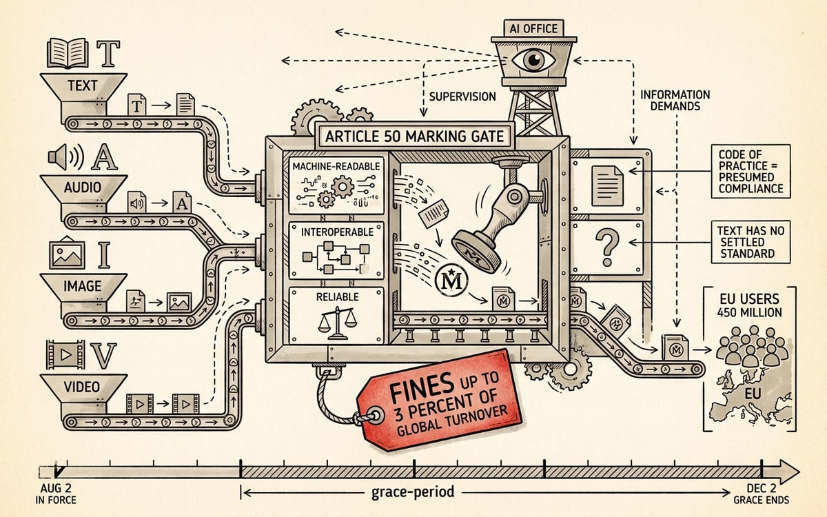 Schematic: Article 50 machine — text, audio, image, video through a marking gate; 3%-of-turnover fine; Dec 2 grace deadline.