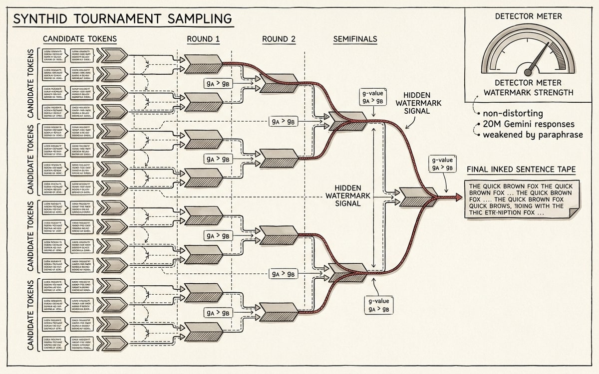 Tournament-sampling bracket: candidate tokens advance through g-value rounds into an inked sentence; a detector meter reads the signal