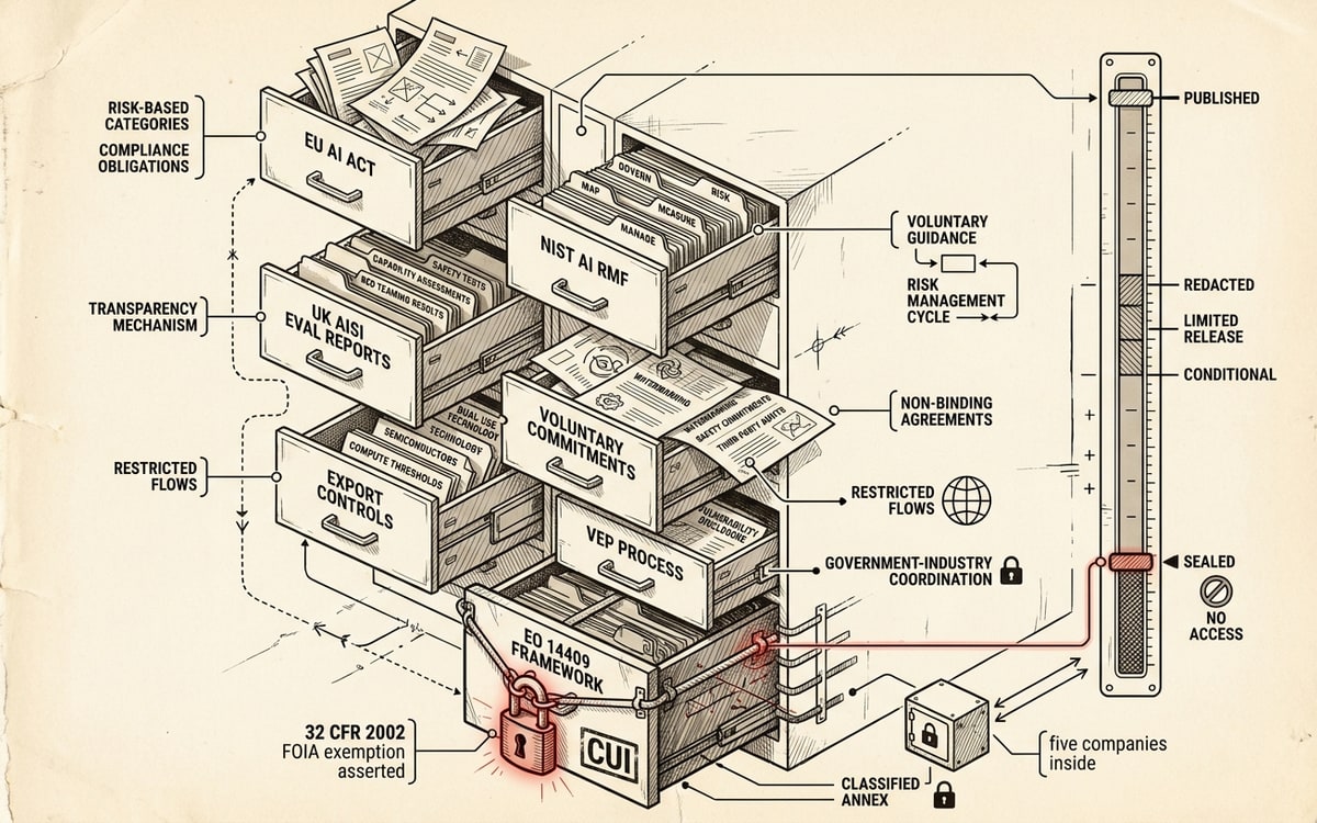 Seven-drawer cabinet of AI-governance instruments, open at the top; the EO 14409 framework drawer sits locked and CUI-stamped at the bottom