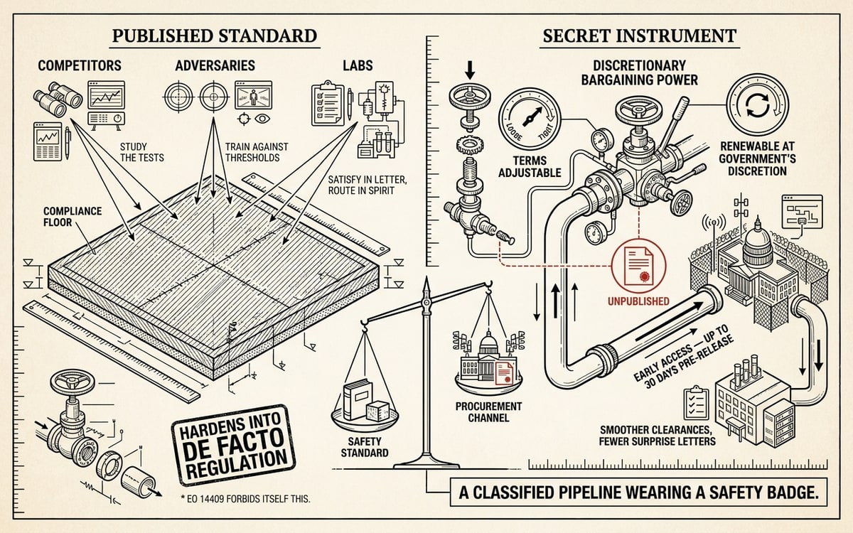 Schematic: published standard vs secret instrument — a compliance floor anyone can read vs an adjustable channel five firms know.
