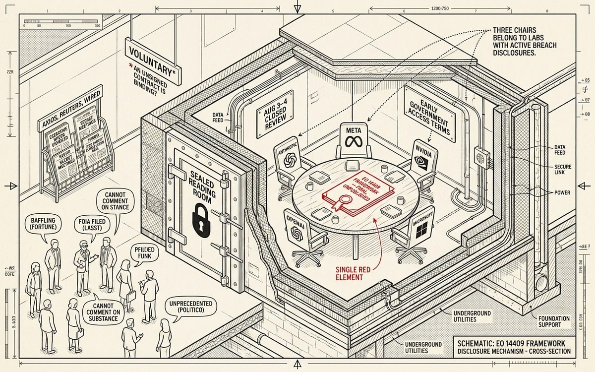 Schematic: reading room — five chairs (Meta, Nvidia, Microsoft, OpenAI, Anthropic) around an unpublished framework; public locked out.