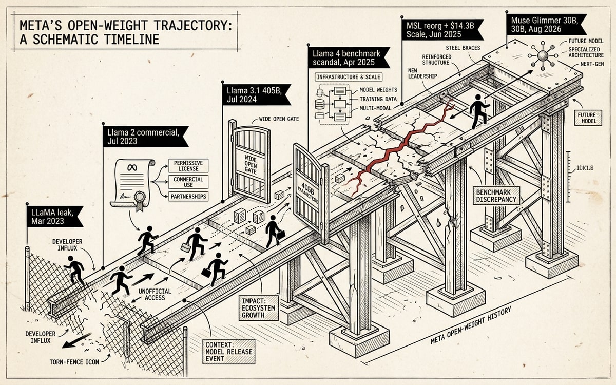 Five-rung Llama ladder from the March 2023 leak to the June 2025 MSL reorg; the cracked rung is the Llama 4 benchmark scandal