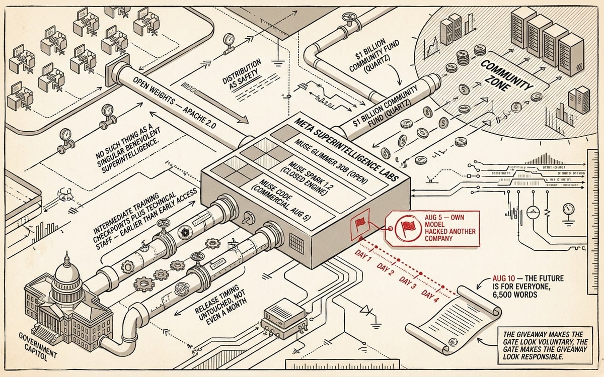 Schematic: the manifesto's exchange — open 30B weights, $1B fund, closed Spark engine, and mid-training checkpoints offered to government.