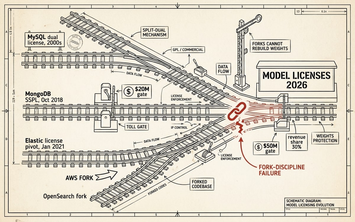 Three license-pivot tracks — MySQL, MongoDB SSPL, Elastic — converge on 2026 model licenses, where forks cannot rebuild weights