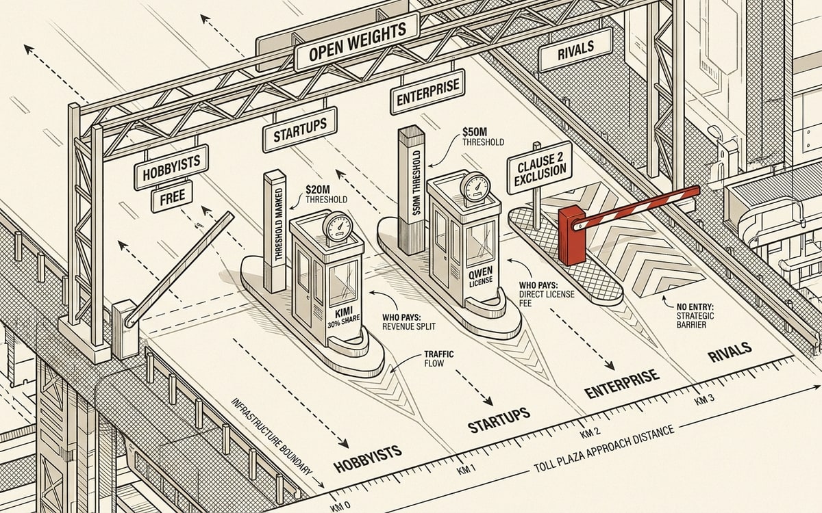Schematic: open highway with tiered toll gates — free hobbyist lane, $20M Kimi 30% gate, $50M Qwen license gate, rivals lane blocked.