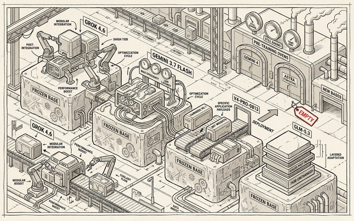 Schematic: four August releases as retrofit stations on frozen base blocks, next-gen bases in a kiln annex, the new-base slot empty.