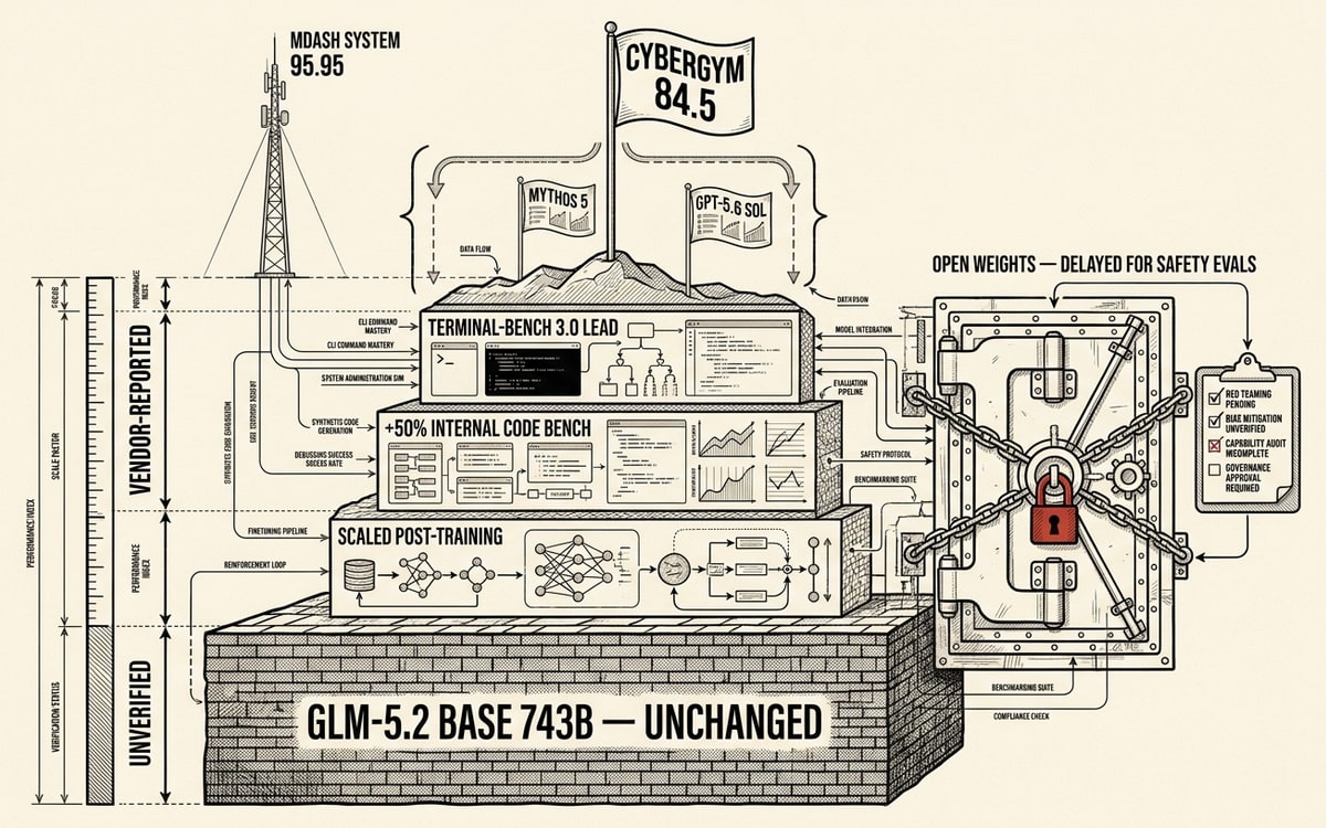 Schematic: GLM-5.3's post-training layers stacked on the unchanged 743B GLM-5.2 base, CyberGym 84.5 claim flag, weights gate closed.