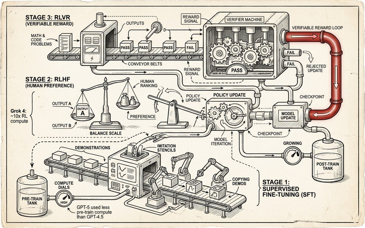 Three-floor training factory — SFT, RLHF, RLVR — with compute dials shifting from the pre-train tank to the post-train tank