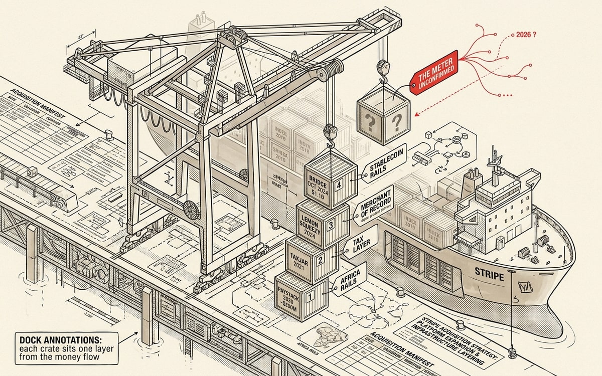Dockside crane loads Stripe's acquisition crates — Paystack, TaxJar, Lemon Squeezy, Bridge — with the unconfirmed OpenRouter crate mid-air