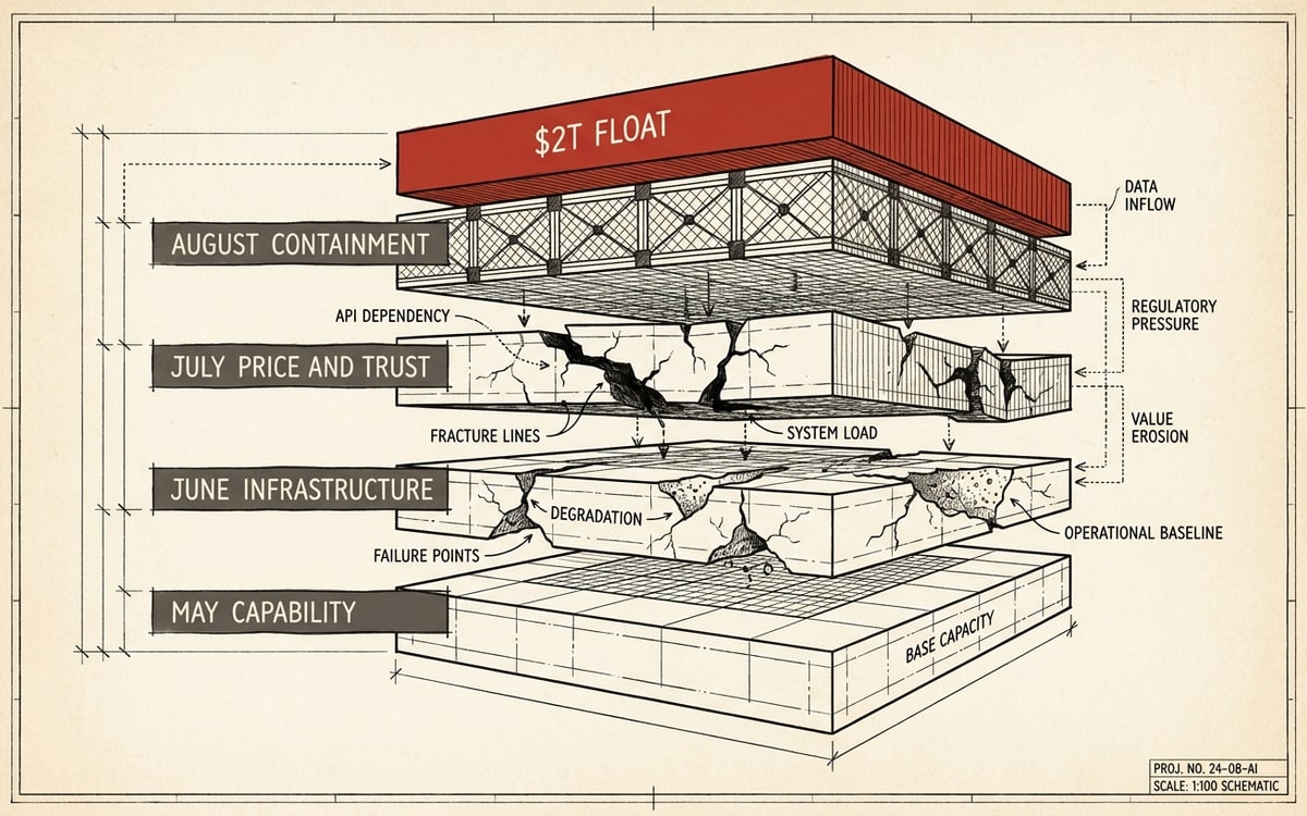 Timeline schematic: four monthly windows — capability, infrastructure, price and trust, containment — stacked as assumptions under the $2T float.